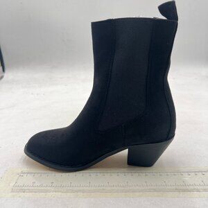 Black Closed Toe Chunky Heel Stretch Pull On Ankle Boot Comfy Winter Bootie